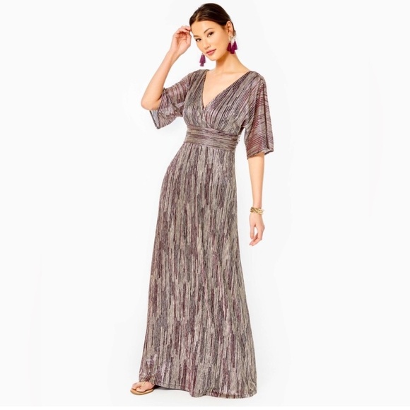 NWT Lilly Pulitzer  PARIGI MAXI DRESS IN GOLD METALLIC ROPE STRIPE BERRY CRINKLE - Picture 1 of 16